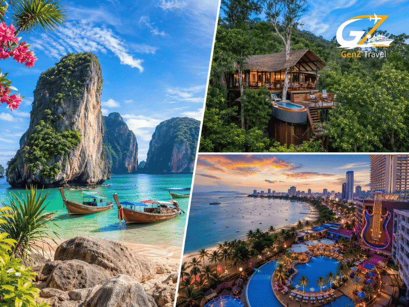 Thailand tour package from UK featuring Phuket beach, Koh Yao Noi treehouse villas and Pattaya skyline sunset