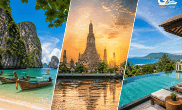 Thailand Triple Escape luxury tour featured image showing three destinations including tropical beach, Thai temple sunset, and luxury resort infinity pool collage