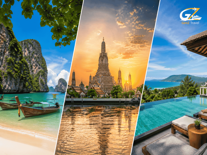 Thailand Triple Escape luxury tour featured image showing three destinations including tropical beach, Thai temple sunset, and luxury resort infinity pool collage
