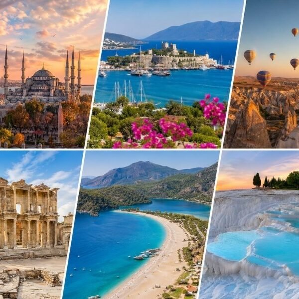 Turkey holidays from UK 2026 collage featuring Istanbul, Cappadocia balloons, Antalya beaches and Pamukkale terraces