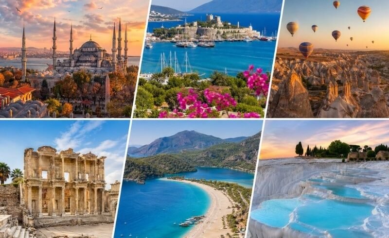 Turkey holidays from UK 2026 collage featuring Istanbul, Cappadocia balloons, Antalya beaches and Pamukkale terraces