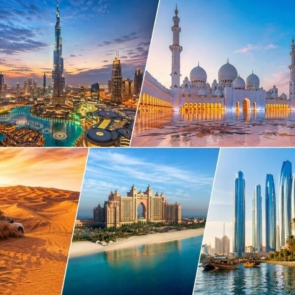 UAE holidays from UK collage showing Dubai skyline, Abu Dhabi mosque, desert safari dunes, and luxury beach resorts