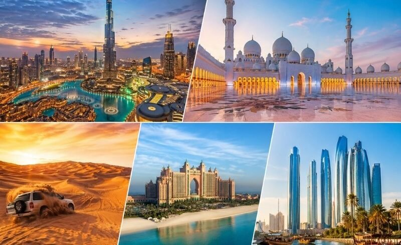 UAE holidays from UK collage showing Dubai skyline, Abu Dhabi mosque, desert safari dunes, and luxury beach resorts