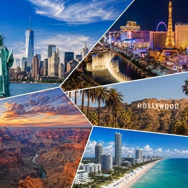 USA tour packages from UK 2026 featuring New York skyline, Las Vegas Strip, Los Angeles Hollywood sign, Grand Canyon and Miami beach collage
