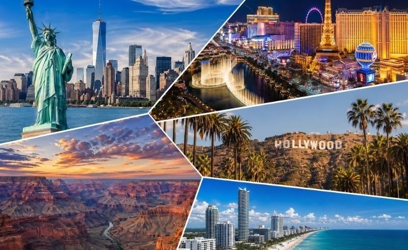 USA tour packages from UK 2026 featuring New York skyline, Las Vegas Strip, Los Angeles Hollywood sign, Grand Canyon and Miami beach collage