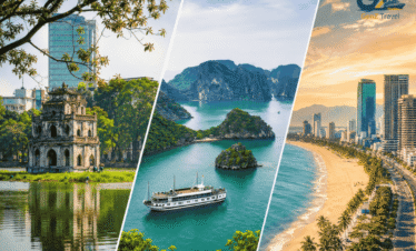Vietnam tour package from UK featuring Hanoi Old Quarter, Ha Long Bay cruise and Da Nang beach skyline