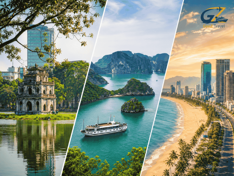 Vietnam tour package from UK featuring Hanoi Old Quarter, Ha Long Bay cruise and Da Nang beach skyline