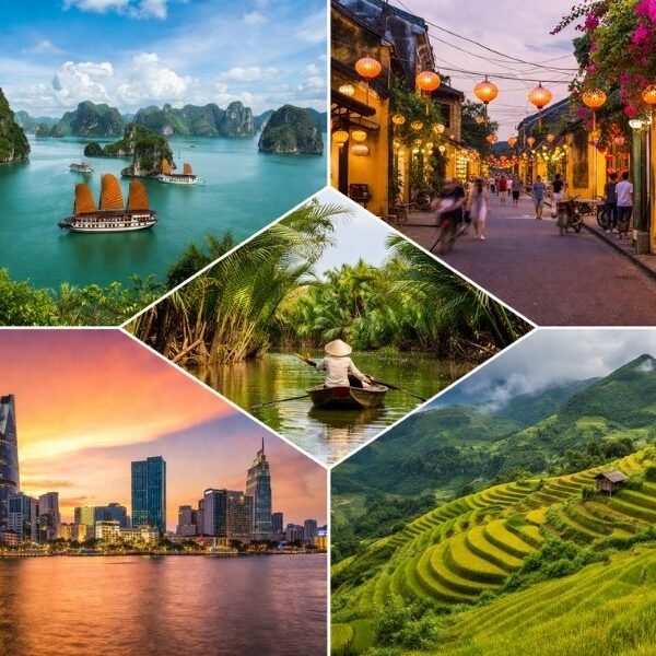 Vietnam tours from UK collage featuring Ha Long Bay, Hoi An lantern streets, Sapa rice terraces, Mekong Delta and Ho Chi Minh City skyline