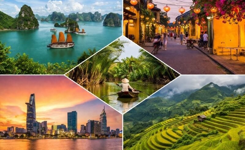 Vietnam tours from UK collage featuring Ha Long Bay, Hoi An lantern streets, Sapa rice terraces, Mekong Delta and Ho Chi Minh City skyline