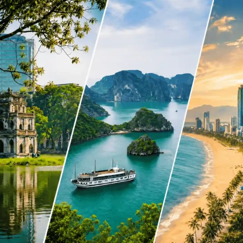 High-quality travel collage featuring Hanoi's Turtle Tower, Ha Long Bay with a luxury cruise, and Da Nang's beachfront skyline separated by diagonal panels.