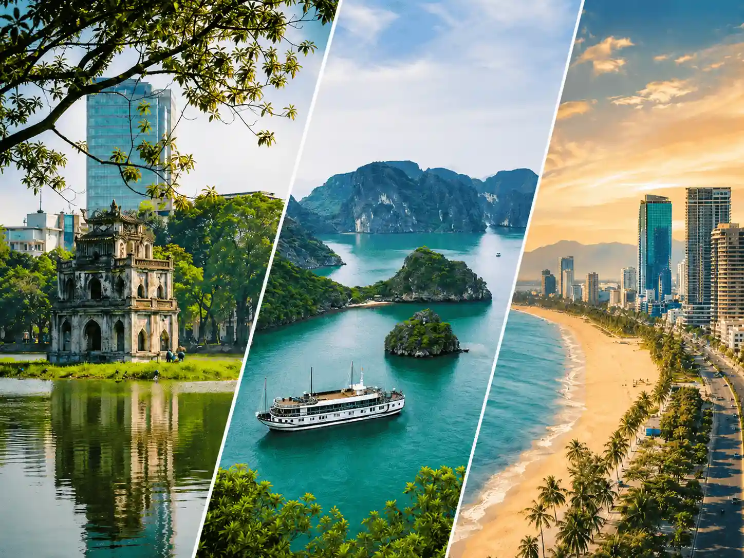 High-quality travel collage featuring Hanoi's Turtle Tower, Ha Long Bay with a luxury cruise, and Da Nang's beachfront skyline separated by diagonal panels.