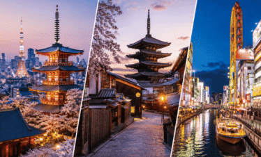 Japan Escape Tokyo Kyoto Osaka tour package showing cherry blossoms temple, Kyoto street and Osaka Dotonbori at night