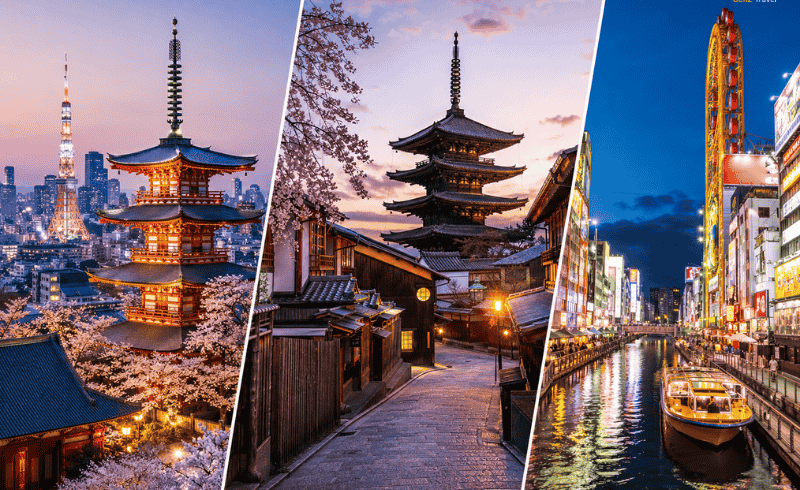 Japan Escape Tokyo Kyoto Osaka tour package showing cherry blossoms temple, Kyoto street and Osaka Dotonbori at night