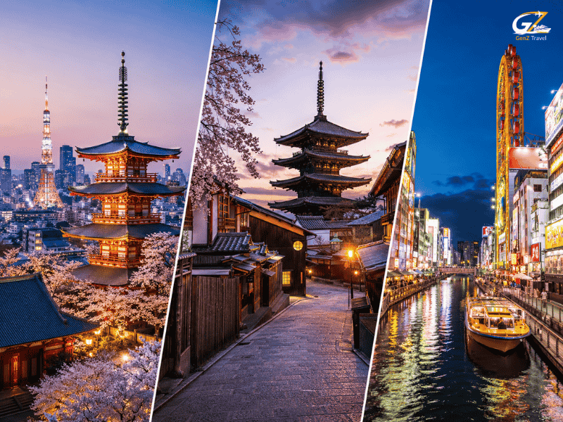 Japan Escape Tokyo Kyoto Osaka tour package showing cherry blossoms temple, Kyoto street and Osaka Dotonbori at night