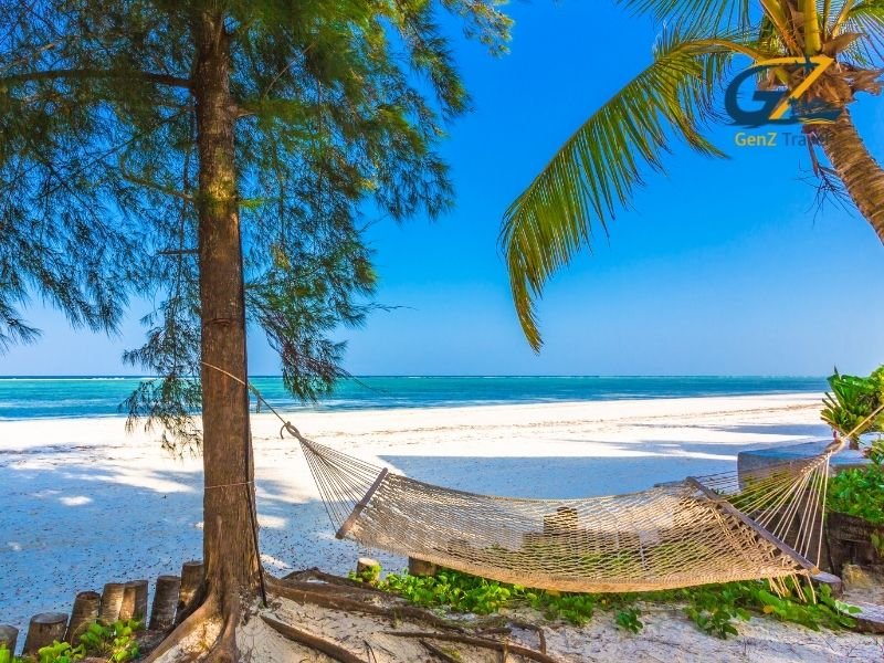 Zanzibar beach resort with palm trees, turquoise ocean and luxury all inclusive hotel setting