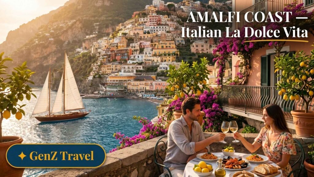 Positano Amalfi Coast pastel cliffside houses and luxury yacht at sunset, romantic Italian honeymoon destination for UK couples