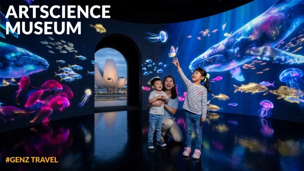 Family exploring the immersive Future World digital art exhibition inside Singapore’s ArtScience Museum.