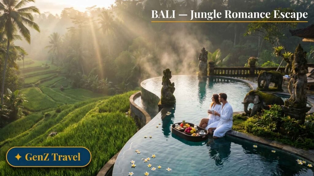 Bali Ubud jungle infinity pool villa overlooking rice terraces, romantic honeymoon destination in Indonesia for 2026