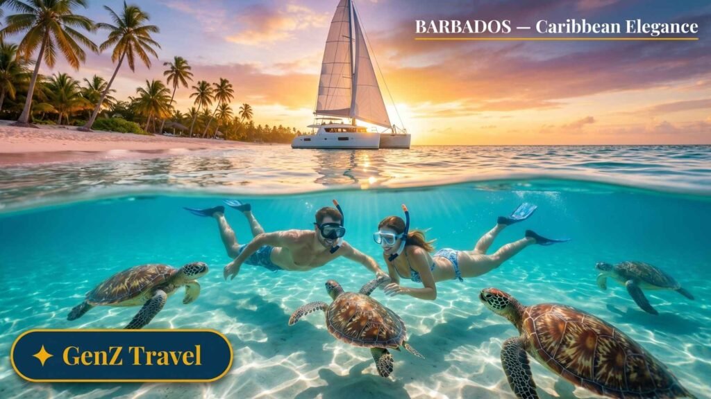Barbados pink sand beach with couple swimming alongside sea turtles, best Caribbean luxury honeymoon destination for UK