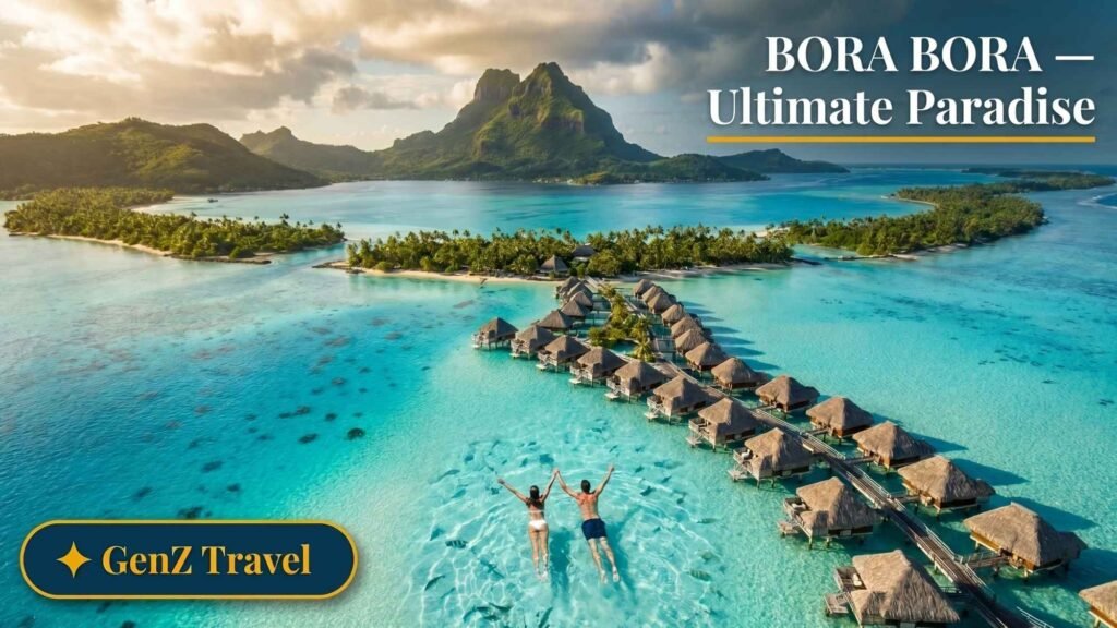 Bora Bora aerial view of Mount Otemanu and overwater bungalows in turquoise lagoon, ultimate luxury honeymoon destination