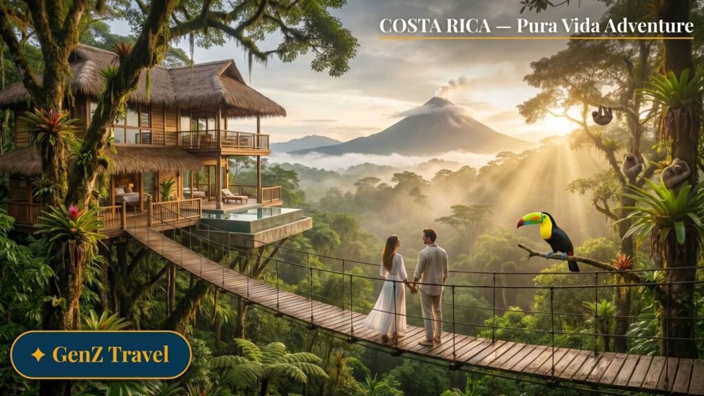 Costa Rica Monteverde cloud forest treehouse villa with Arenal Volcano view, eco-adventure honeymoon destination 2026