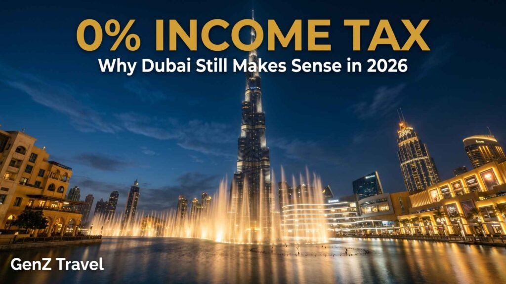 Illuminated Burj Khalifa and Dubai Fountain at night, representing the zero income tax advantage that still makes Dubai attractive in 2026.