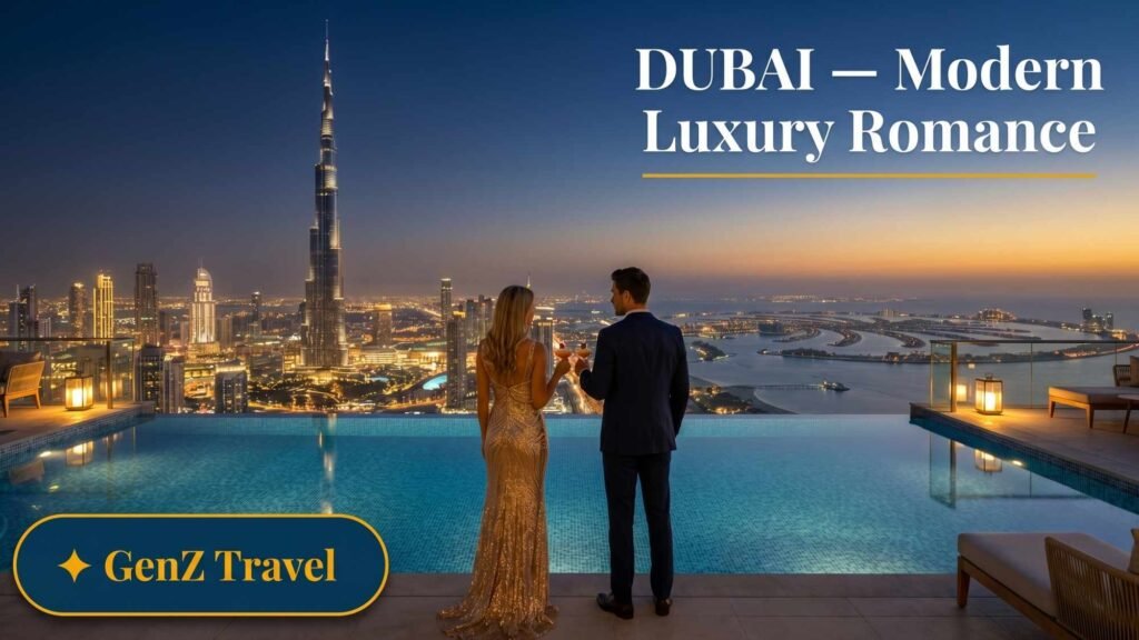 Dubai skyline with Burj Khalifa and Palm Jumeirah from luxury rooftop infinity pool, top honeymoon destination in UAE