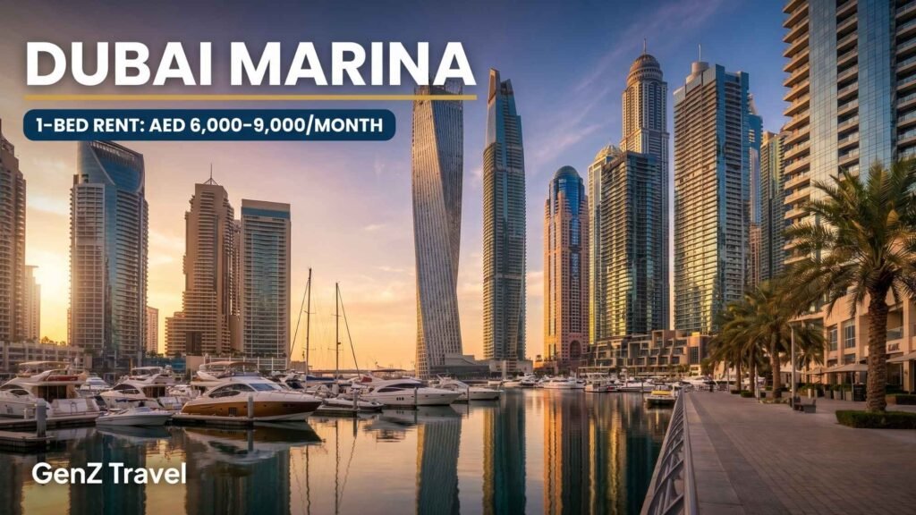 Dubai Marina waterfront at sunset showing luxury towers and yachts, where one-bedroom rent costs AED 6,000–9,000 per month.