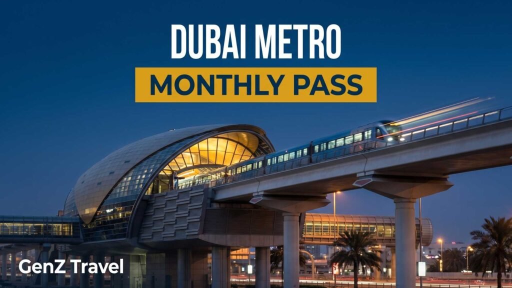 Futuristic Dubai Metro station at blue hour with an approaching train, showing the AED 350 monthly pass network.
