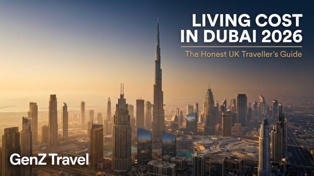 Dubai skyline at golden hour with Burj Khalifa rising above Downtown, illustrating the 2026 cost of living guide for UK travellers.