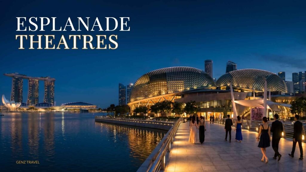 Twilight view of Esplanade Theatres on the Bay with Marina Bay skyline reflections at dusk.
