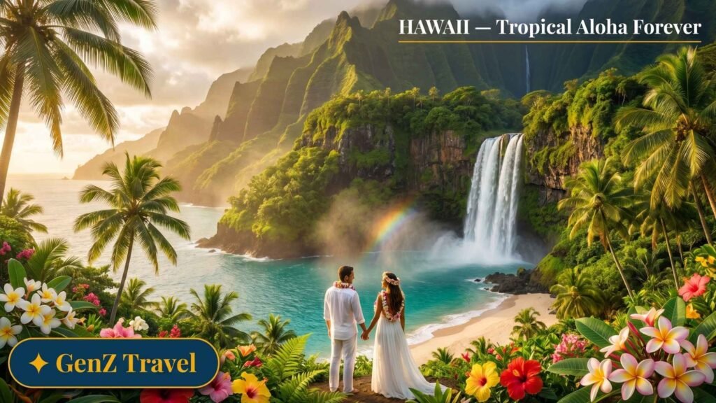 Hawaii Na Pali Coast emerald cliffs and secluded beach with waterfall, romantic tropical honeymoon destination in USA 2026