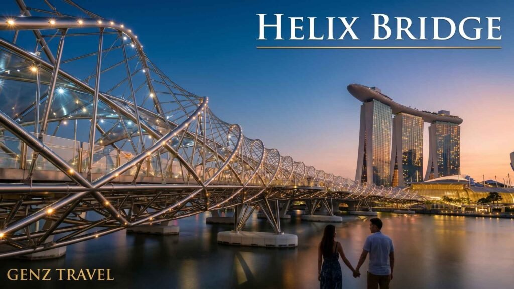 Romantic blue hour view of Helix Bridge with Marina Bay Sands glowing across the waterfront.