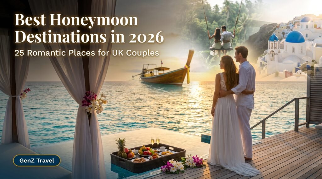 Romantic luxury honeymoon couple standing on a Maldives overwater villa at sunset with tropical ocean views and luxury resort atmosphere.