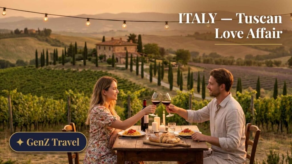Tuscany vineyard candlelit dinner at sunset with rolling hills and cypress trees, romantic Italian honeymoon destination 2026