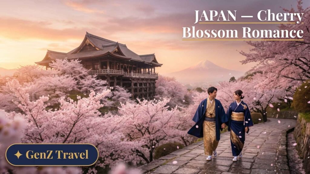 Kyoto Japan cherry blossoms and pagoda at sunset with couple in kimono, romantic spring honeymoon destination in Japan