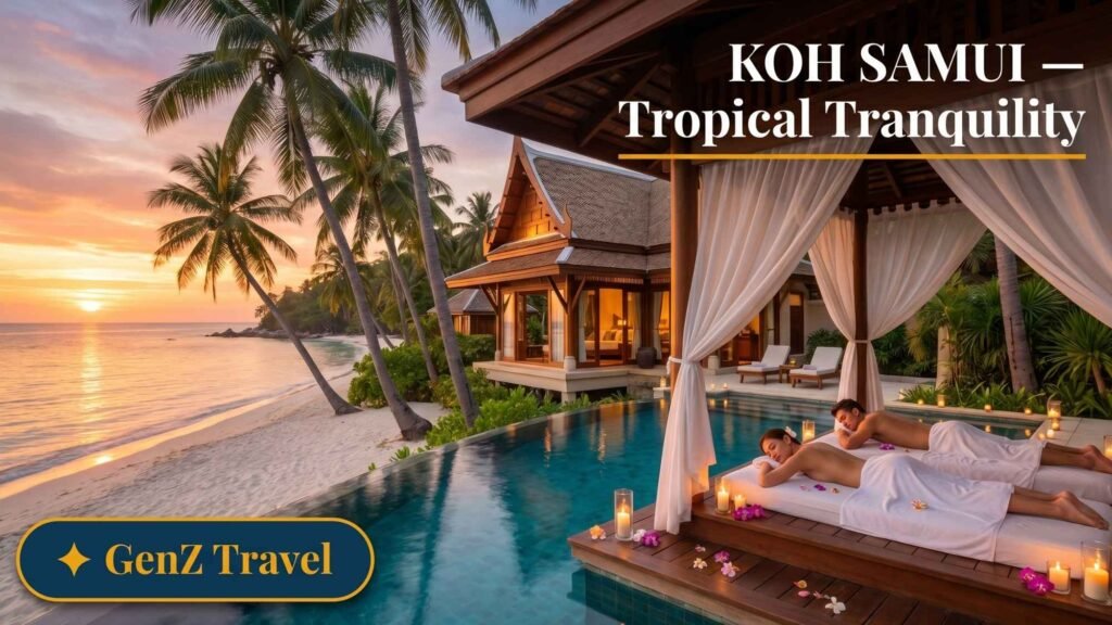 Koh Samui beachfront Thai spa sala with couple at sunset, tropical wellness honeymoon destination in Thailand for UK couples