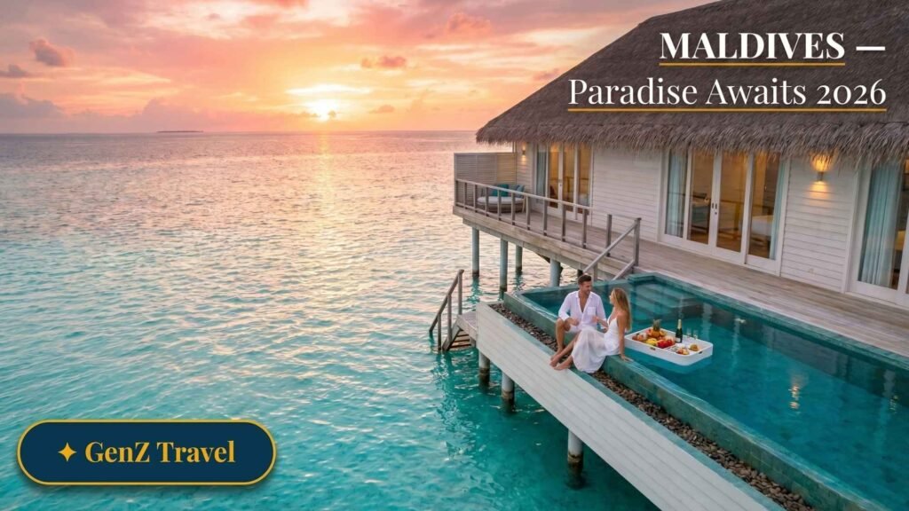 Luxury Maldives overwater villa with private pool and turquoise lagoon, top honeymoon destination 2026 for UK couples