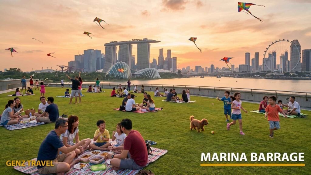 Families enjoying kite flying and picnics on the grassy rooftop of Marina Barrage at golden hour.