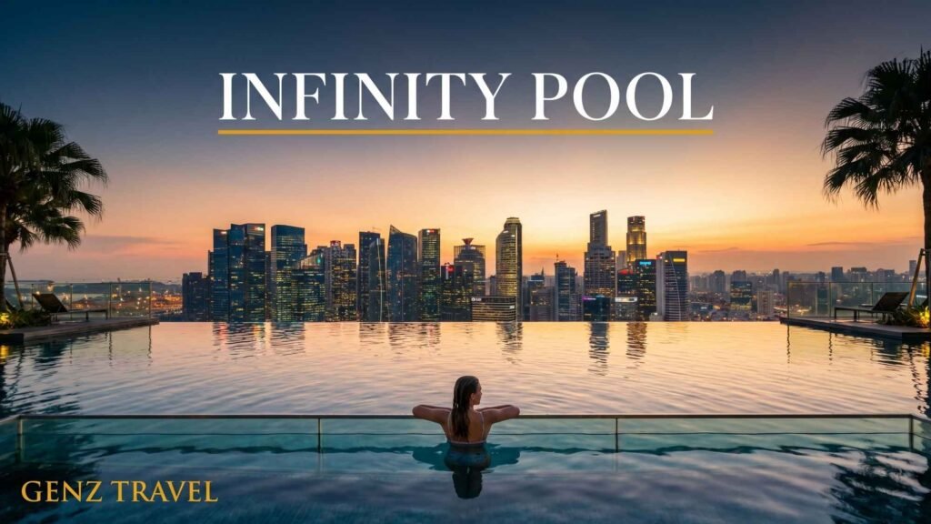 World-famous Marina Bay Sands infinity pool overlooking Singapore’s skyline at sunset.