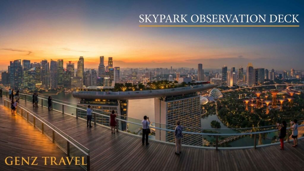 Golden hour panoramic view from Marina Bay Sands SkyPark overlooking Singapore’s skyline and Gardens by the Bay.