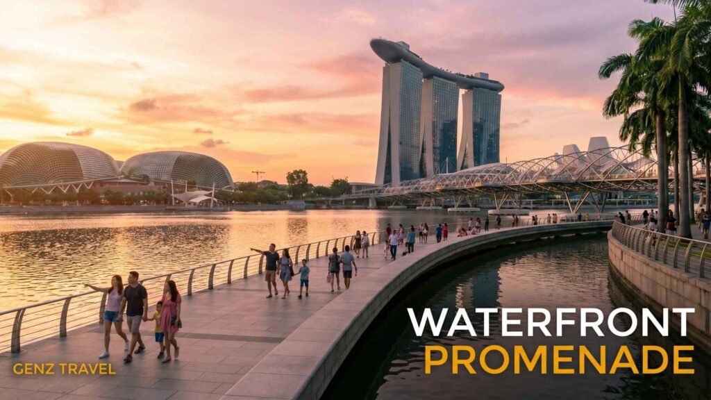 Scenic Marina Bay Waterfront Promenade at sunset with skyline reflections and evening strolls.