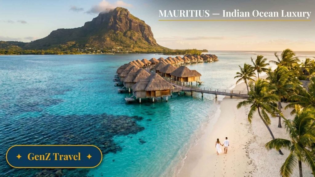 Aerial Mauritius white sand beach with luxury overwater villas and Le Morne mountain, best all-inclusive honeymoon resort