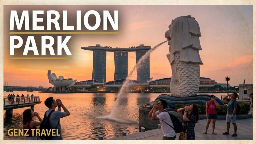 Iconic Merlion statue at sunset with Marina Bay Sands skyline in the background.