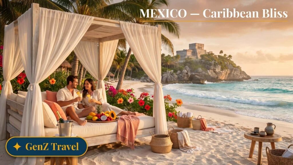 Mexico Riviera Maya beach cabana with white curtains and Tulum ruins, best Caribbean honeymoon destination for UK couples