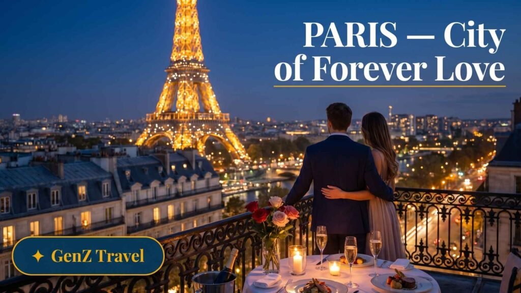 Eiffel Tower sparkling at twilight viewed from rooftop with candlelit dinner, romantic Paris honeymoon destination from UK