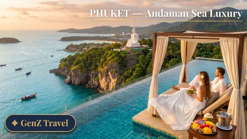 Phuket Thailand infinity pool overlooking Andaman Sea cliffs at sunset, affordable luxury honeymoon destination in 2026