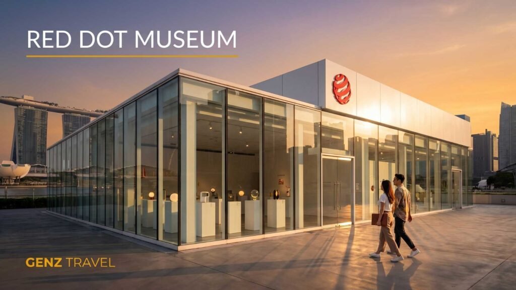 Modern exterior of the Red Dot Design Museum near Marina Bay with contemporary architectural details.

