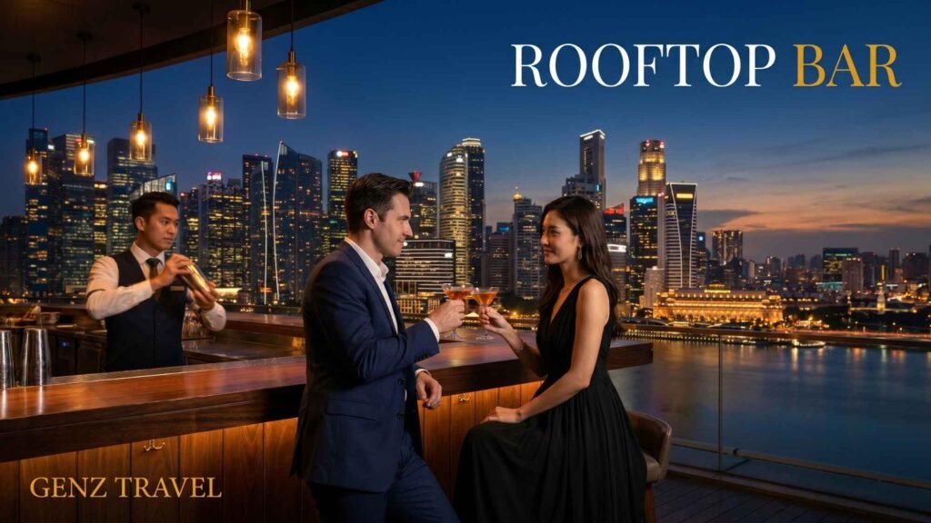 Elegant rooftop bar experience above Singapore’s glowing skyline at blue hour.