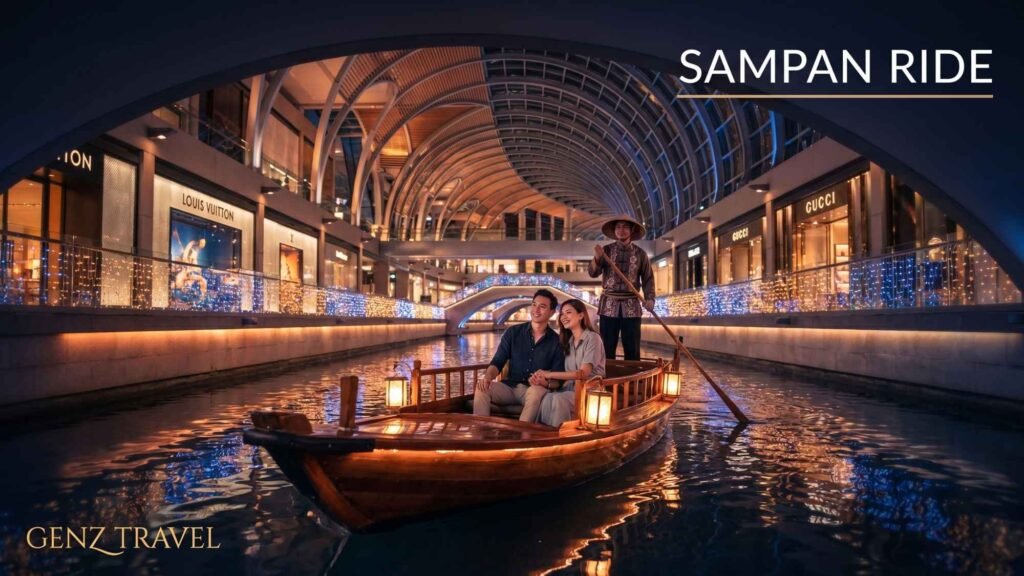 Traditional sampan boat ride along the indoor canal inside The Shoppes at Marina Bay Sands.